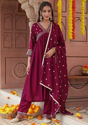 Burgundy Embroidered Silk Blend Kurta Set