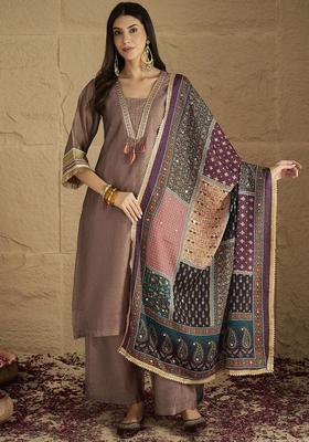 Brown Yoke Design Silk Blend Kurta Set