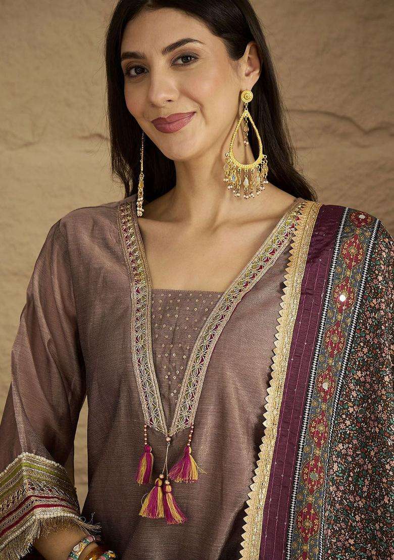 Brown Yoke Design Silk Blend Kurta Set - Indya