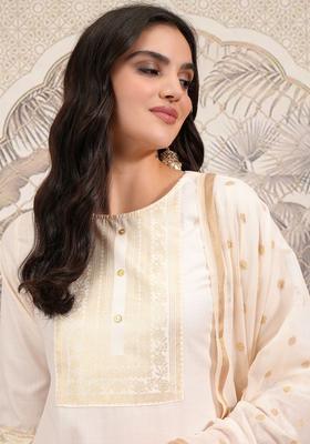 Cream Printed Polyester Kurta Set