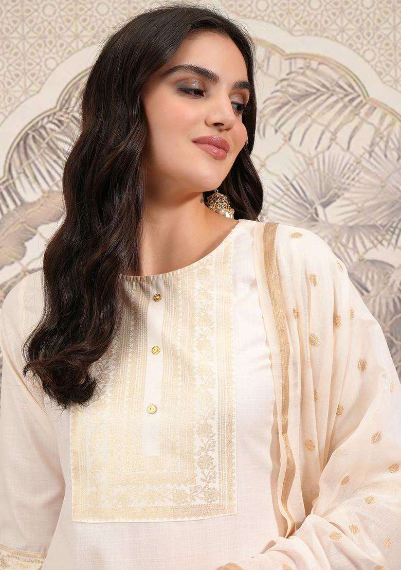 Cream Printed Polyester Kurta Set - Indya