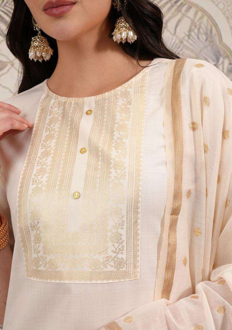Cream Printed Polyester Kurta Set - Indya