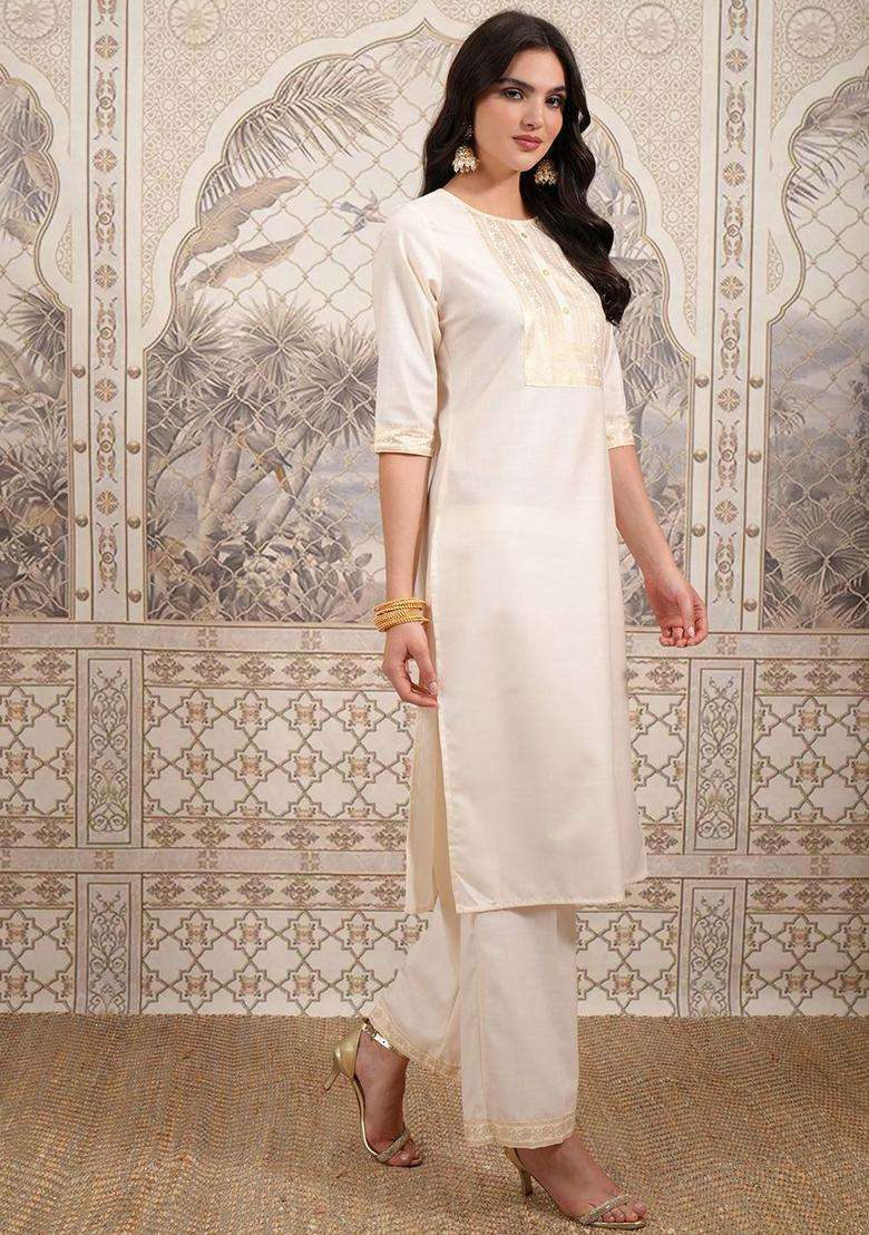 Cream Printed Polyester Kurta Set - Indya