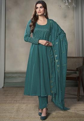 Teal Yoke Design Cotton Anarkali Set