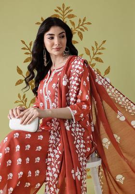 Rust Printed Polyester Kurta Set