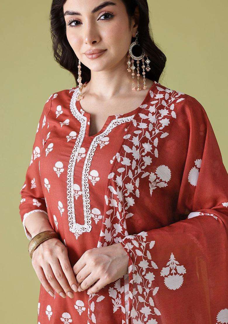 Rust Printed Polyester Kurta Set - Indya