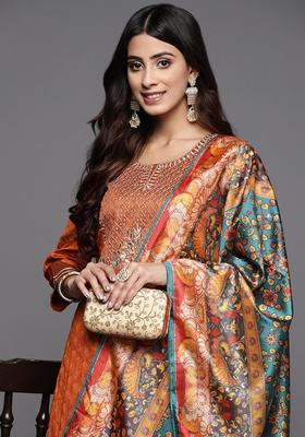 Rust Embroidered Silk Kurta Set