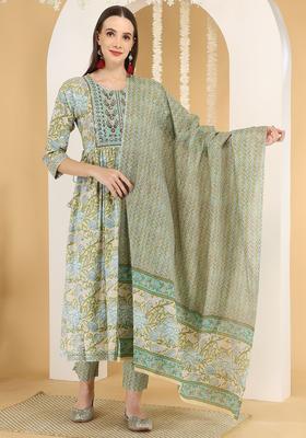 Beige Printed Cotton Kurta Set
