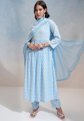Blue Printed Cotton Anarkali Set