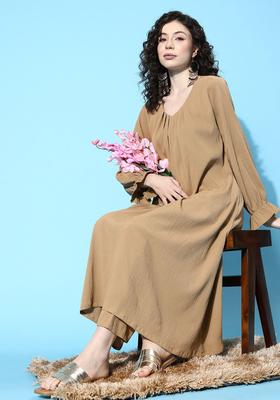 Beige Solid Silk Blend Kurta Set