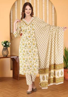 Olive Printed Cotton Kurta Set