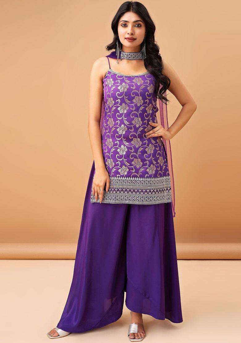 Purple Embroidered Silk Sharara Set - Indya