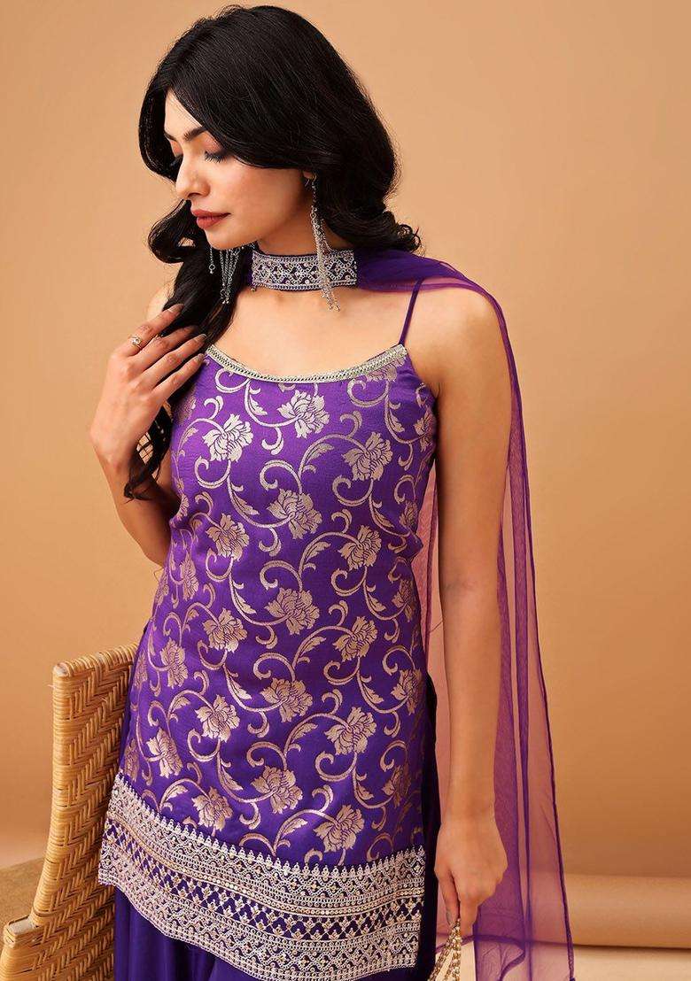 Purple Embroidered Silk Sharara Set - Indya