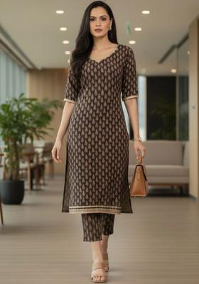 Brown Printed Cotton Kurta Set
