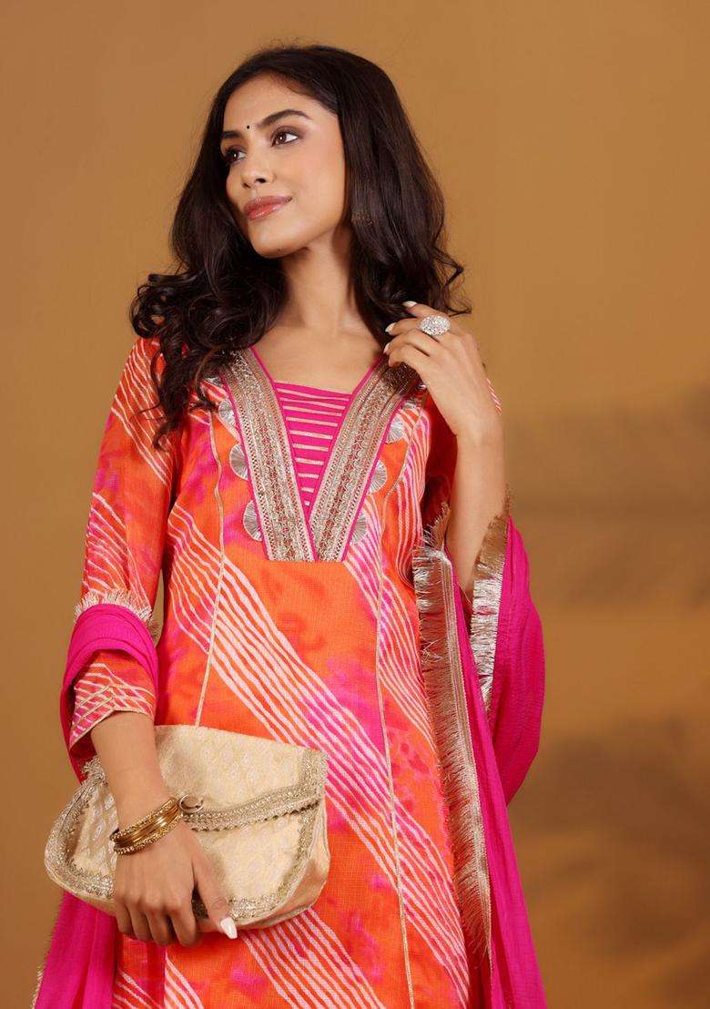 Fuchsia Printed Cotton Anarkali Set - Indya