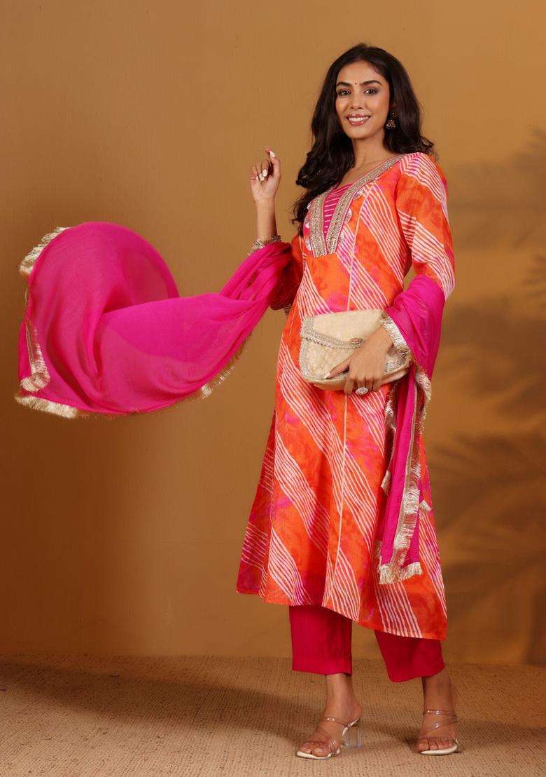 Fuchsia Printed Cotton Anarkali Set - Indya
