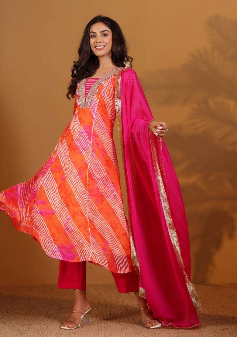 Fuchsia Printed Cotton Anarkali Set - Indya