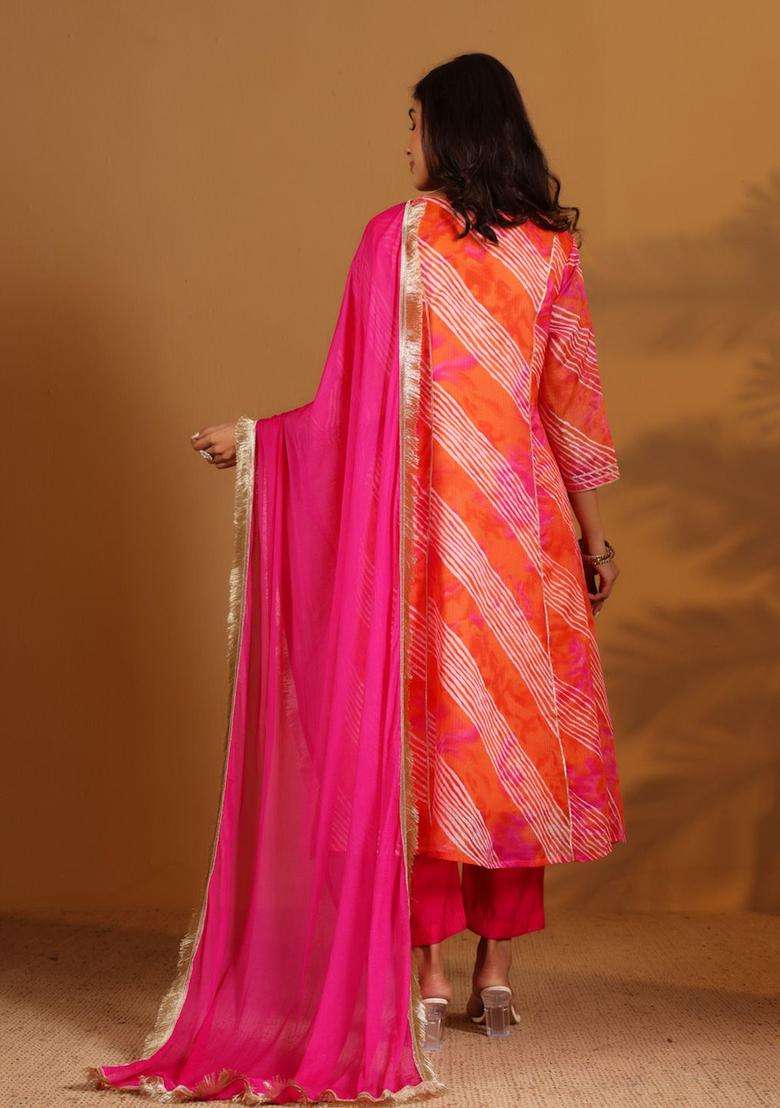 Fuchsia Printed Cotton Anarkali Set - Indya