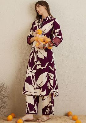 Burgundy Printed Viscose Kurta Set