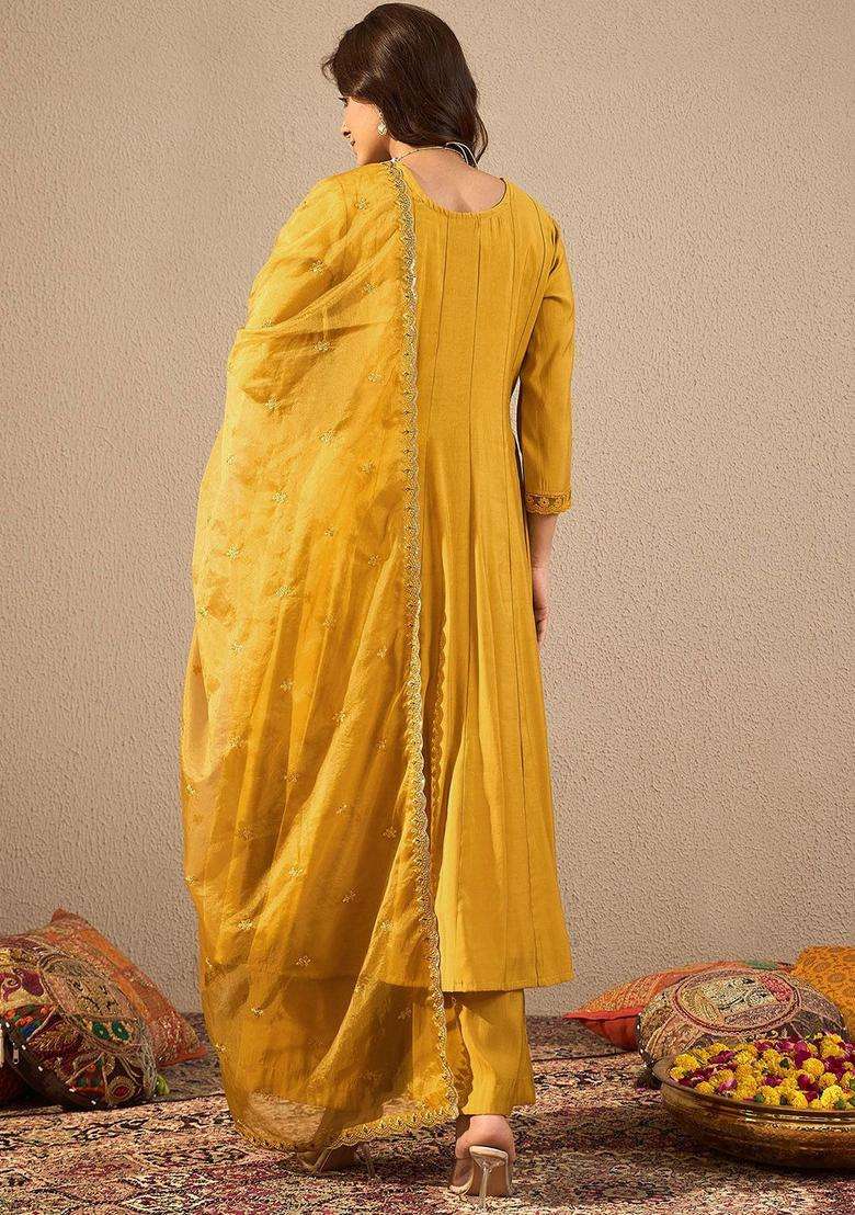 Mustard Embroidered Silk Blend Anarkali Set - Indya
