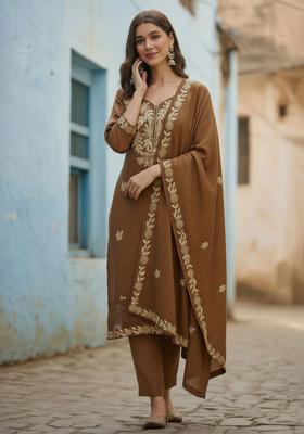 Brown Embroidered Cotton Kurta Set