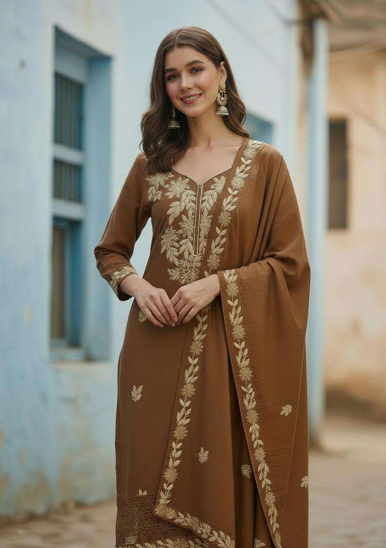 Brown Embroidered Cotton Kurta Set - Indya