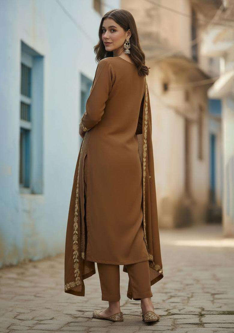Brown Embroidered Cotton Kurta Set - Indya