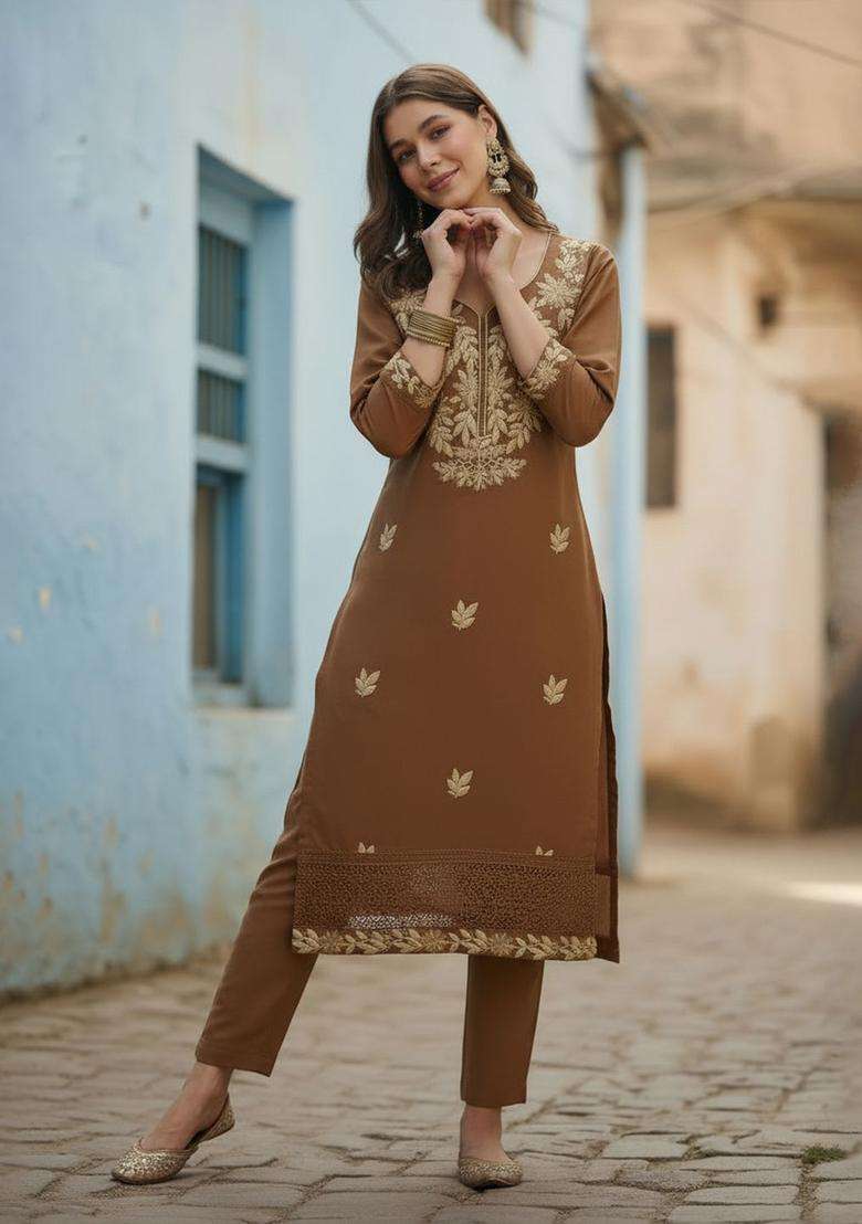 Brown Embroidered Cotton Kurta Set - Indya