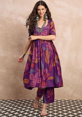 Purple Printed Silk Kurta Set