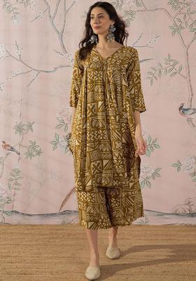 Mustard Printed Viscose Kurta Set