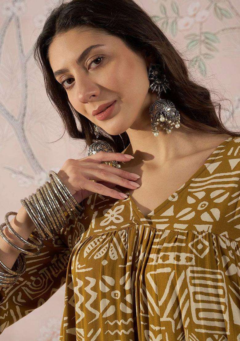 Mustard Printed Viscose Kurta Set - Indya