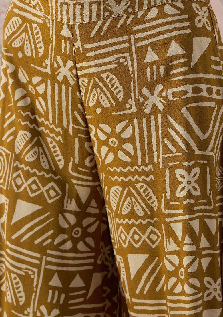 Mustard Printed Viscose Kurta Set - Indya