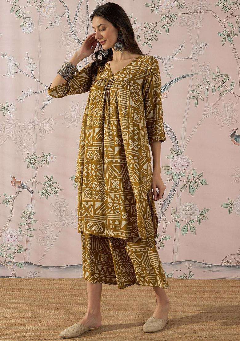 Mustard Printed Viscose Kurta Set - Indya