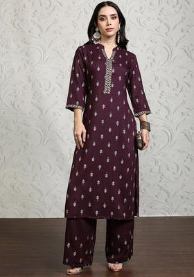 Maroon Printed Viscose Kurta Set