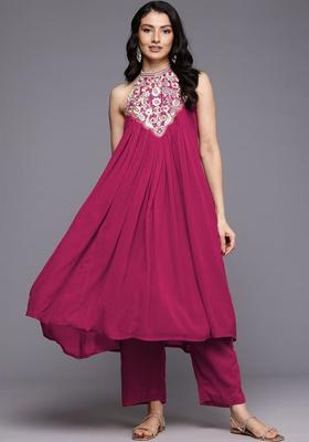 Magenta Embroidered Silk Blend Kurta Set