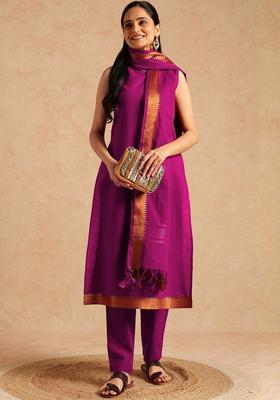 Magenta Solid Cotton Kurta Set