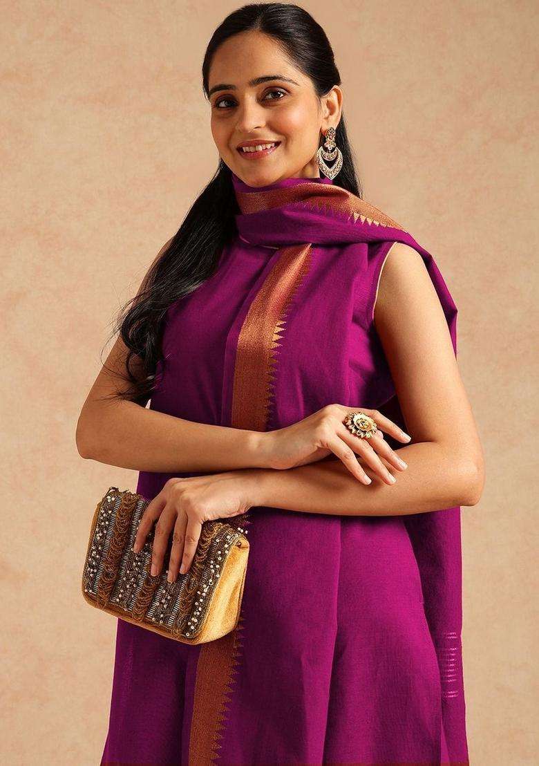 Magenta Solid Cotton Kurta Set - Indya