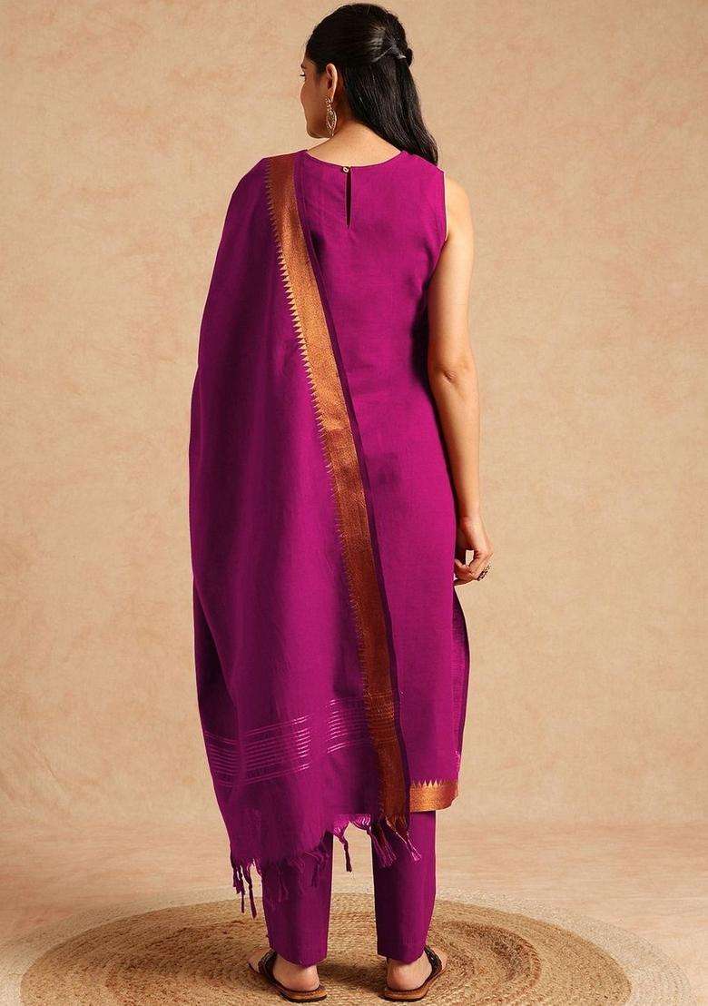 Magenta Solid Cotton Kurta Set - Indya