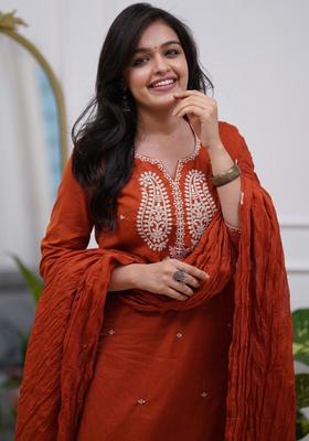 Rust Embroidered Cotton Kurta Set