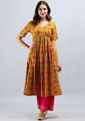 Mustard Printed Cotton Kurta Set