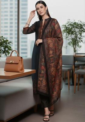 Black Solid Silk Blend Kurta Set