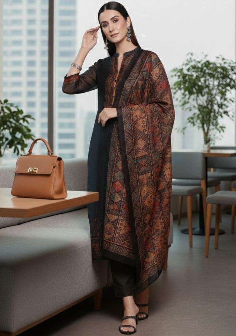 Black Solid Silk Blend Kurta Set - Indya