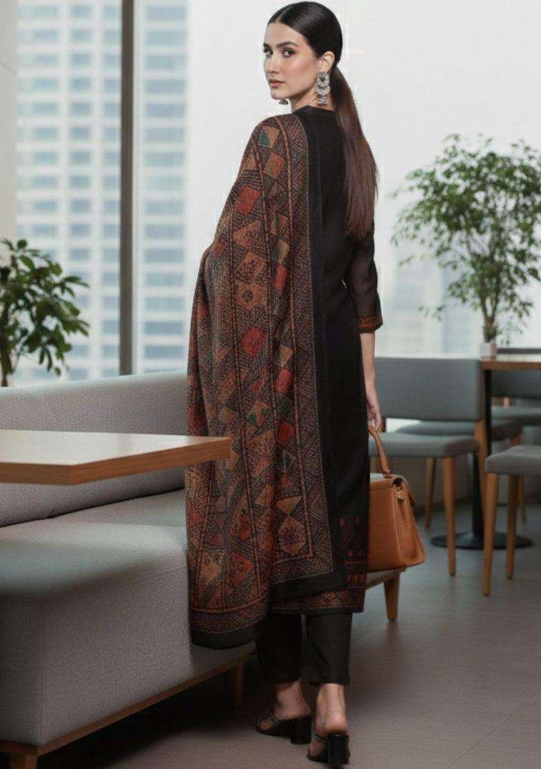 Black Solid Silk Blend Kurta Set - Indya