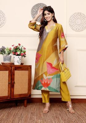 Mustard Printed Silk Blend Kurta Set