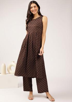 Brown Printed Viscose Kurta Set