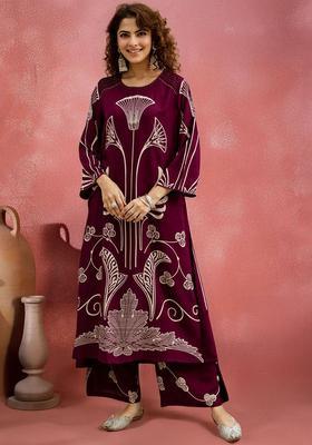 Maroon Printed Viscose Kurta Set