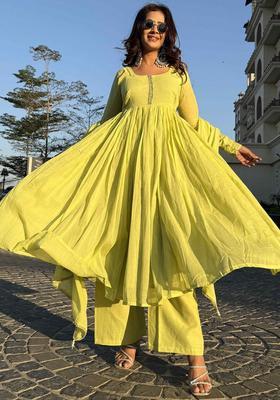 Yellow Solid Cotton Kurta Set