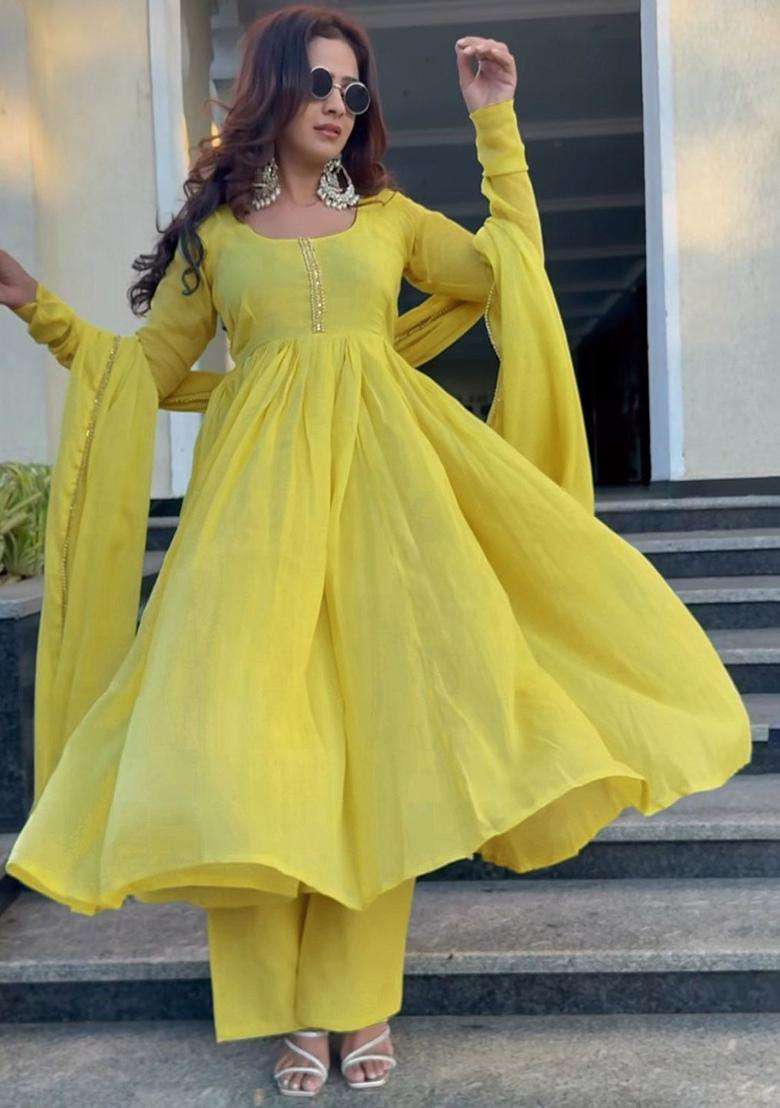 Yellow Solid Cotton Kurta Set - Indya