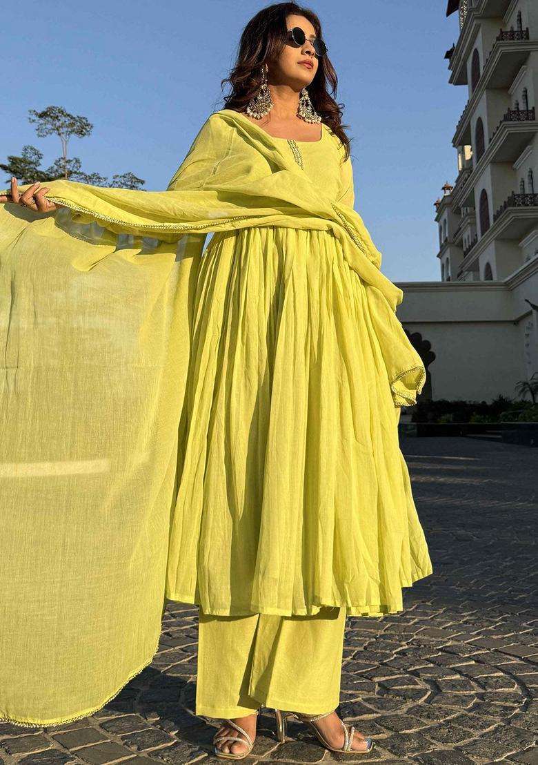 Yellow Solid Cotton Kurta Set - Indya