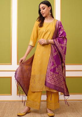 Yellow Printed Polyester Kurta Set